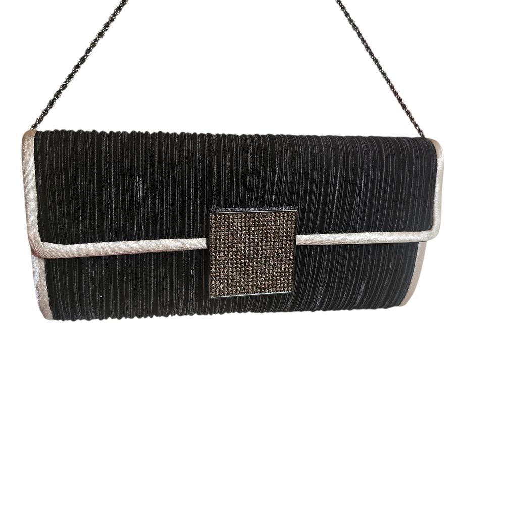 Black Pleated Evening Clutch with Rhinestone Bar & Chain Strap
